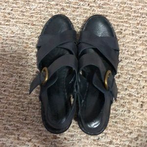 Black strappy wedge sandals